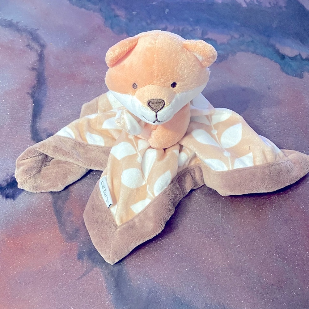 Carter’s Plush Fox Lovey Security Baby Blanket Orange Brown Tan White Leaves